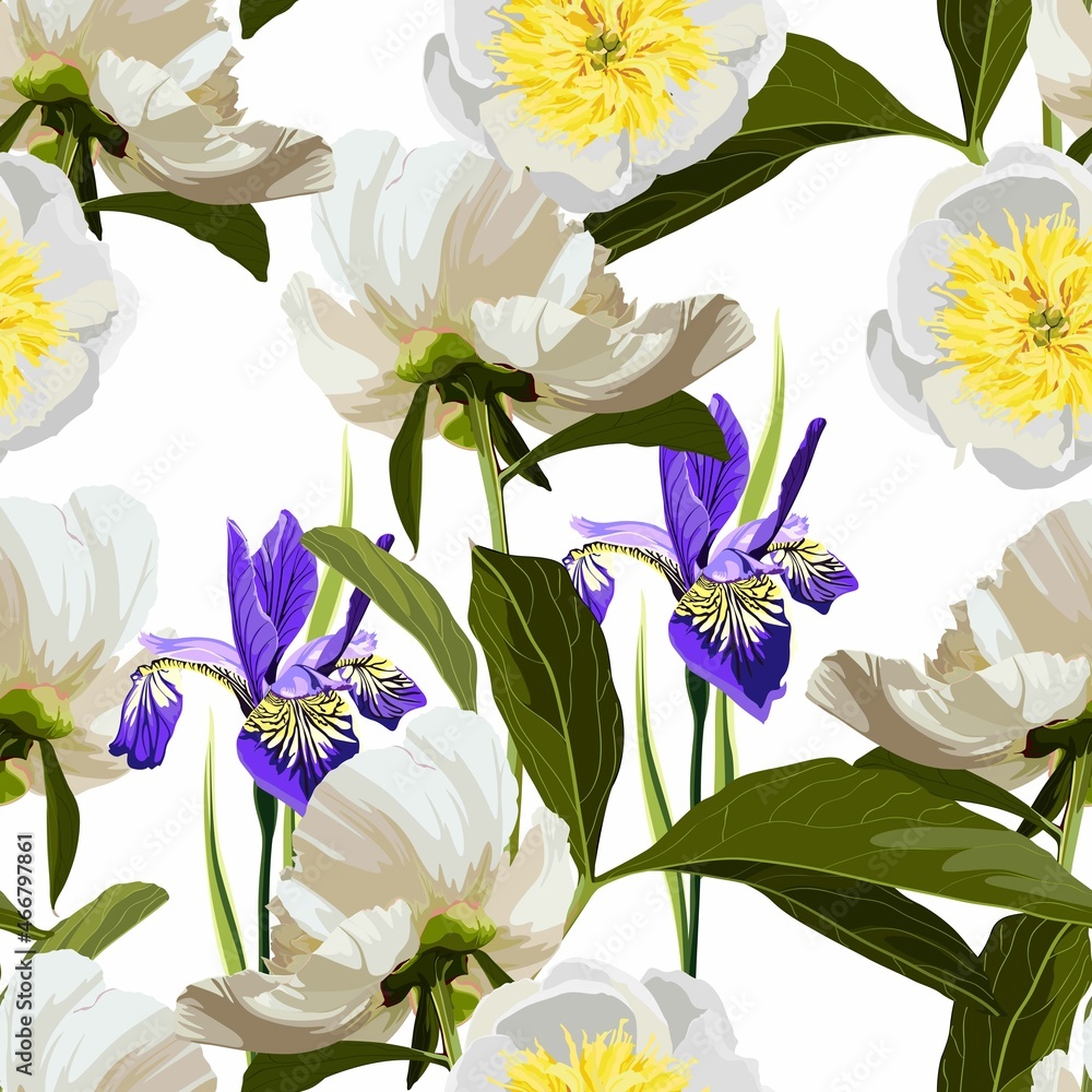 Naklejka premium Seamless floral pattern, white peony and violet irys flowers on a white background. Design for wallpaper, fabric, wrapping paper, cover and more. 