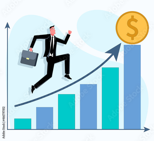 business man runs up the arrow on the chart to capital, which symbolizes business growth flat vector illustration