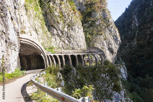 Russia, Krasnodar Territory. Sochi. A rocky section of the Old Krasnopolyansky highway. photo