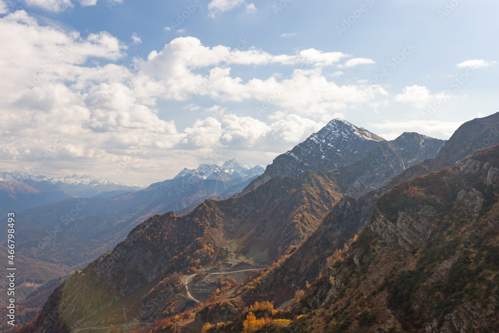 Fototapeta premium Russia, Krasnodar Territory. Sochi. Rosa Khutor Mountain Resort. The peaks of the Aibga mountain range. 