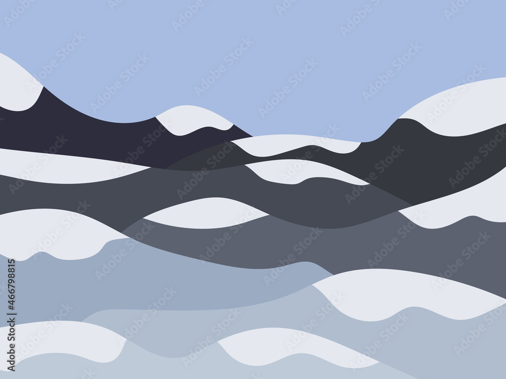 Winter landscape with snowy hills. Mountain landscape in a flat style, winter cold weather. View of the snow-capped hills. Design for prints and posters, promotional items. Vector illustration Winter landscape with snowy hills. Mountain landscape in a flat style, winter cold weather. View of the snow-capped hills. Design for prints and posters, promotional items. Vector illustration