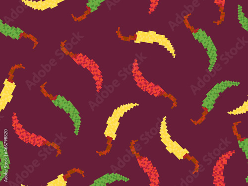 Hot chili peppers seamless pattern in style pixel art. Pixel chili pepper in 8 bit retro video game graphics style 80s - 90s. Design for wrapping paper, banners, and fabric prints. Vector illustration