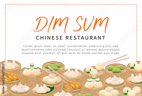 Dim Sum steamed dumplings restaurant flyer template, menu cover, banner, poster. Banner illustration with traditional Chinese steamed dumplings in bamboo baskets with space for text and title