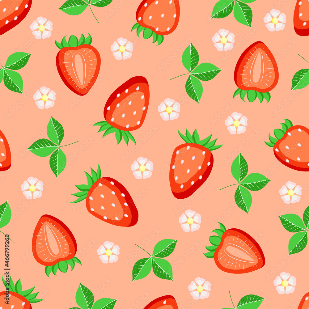 Strawberries with leaves and flowers on a pink background. Vector seamless pattern Strawberries with leaves and flowers on a pink background. Vector seamless pattern
