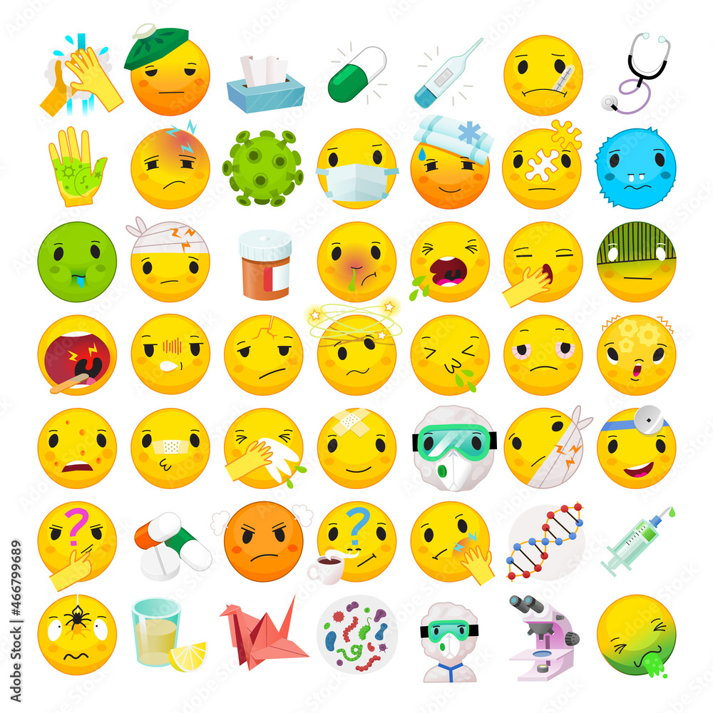 Collection of health issues and illness symptoms emoticons. Health care and treatment emoji