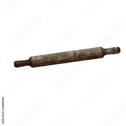 Watercolour brown wooden rolling pin. Isolated.