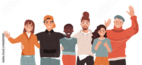 Join our team. Teamwork, cooperation, friendship concept. Multicultural team. Unity in diversity. People of different nationalities and religions cartoon characters. 