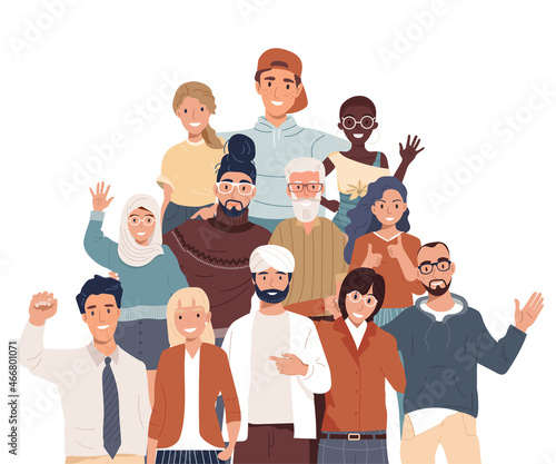 Join our team. Teamwork, cooperation, friendship concept. Multicultural team. Unity in diversity. People of different nationalities and religions cartoon characters. 