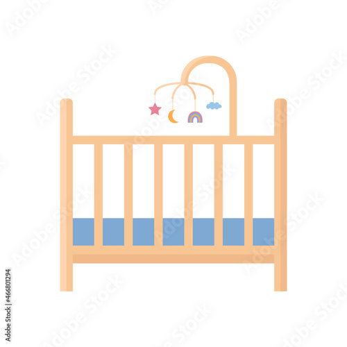 Baby cot isolated. Crib for child. Empty baby bed with carousel for nursery interior. Vector flat illustration