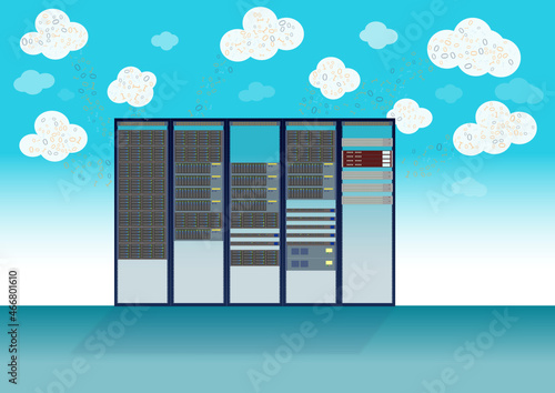 simple, basic graphics depicting server racks, servers, server room and the escape, migration of data from the server room to the cloud