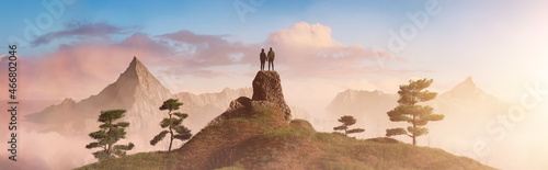 Magical fantasy scene with a man and woman in meadows with rocky mountain landscape in background. 3d Rendering. Dramatic Sunset Cloudy Sky. Adventure Concept