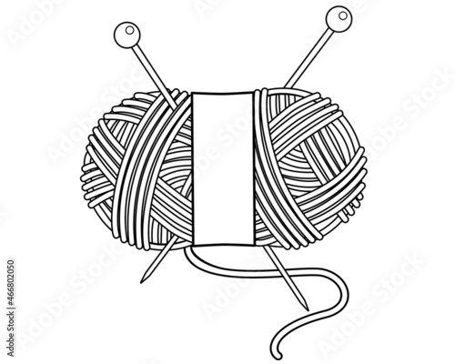 Oval skein of knitting thread with knitting needles and label - vector linear illustration for coloring, sign or icon. A ball of yarn with knitting needles for a logo or pictogram. Outline