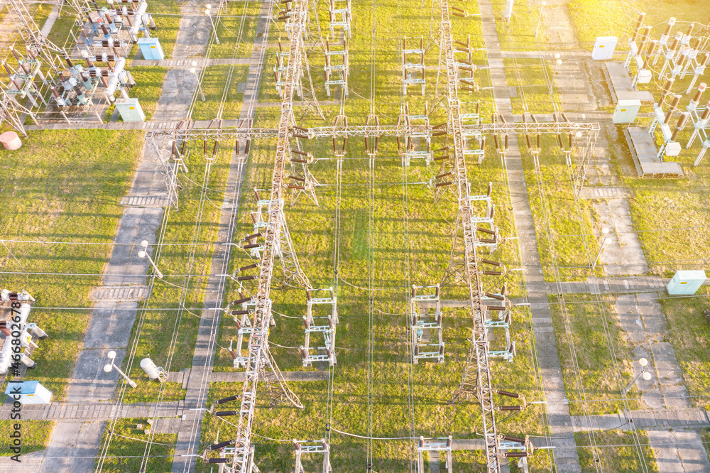 Fototapeta premium City high voltage substation, Many electrical cables and transformers with a view from above