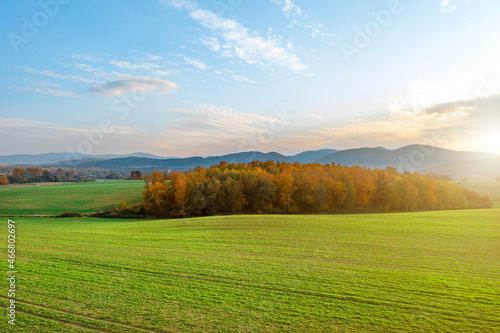 Beautiful summer landscape, green fields, trees and the setting sun against the blue sky. Poland, Klodzko © Vladyslav