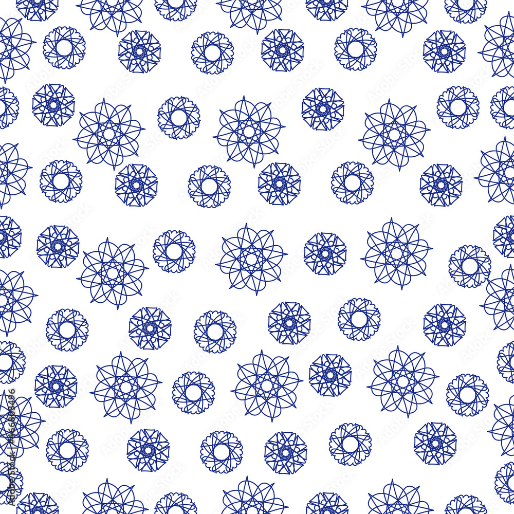 Seamless pattern of ornate mandalas in blue on a white background, ornate curls for design Seamless pattern of ornate mandalas in blue on a white background, ornate curls for design