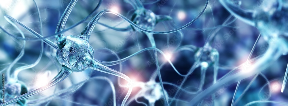 neuron, neuron transmits a signal, nerve node, neural network, 3D rendering - obrazy, fototapety, plakaty 