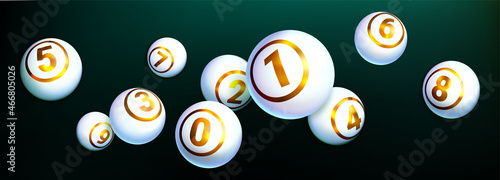 Realistic bingo lotto game ball of winning combination. Lottery or keno gambling games. White shiny balls with golden text of numbers isolated on dark background. Gaming leisure activity concept.