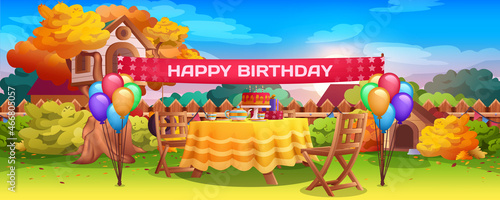 Birthday outside party decoration on backyard. Festive table with cake, candles, balloons bunches. Children celebration on lawn front of wooden fence. Vector cartoon illustration of autumn garden.
