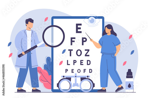 Flat ophthalmologist check eyesight with eye test chart and eyeglasses. Woman oculist with pointer measure visual acuity. Doctor diagnose ophthalmic problem in hospital. Ophthalmic exam concept. photo