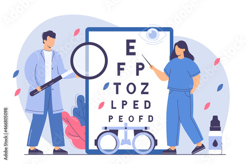 Flat ophthalmologist check eyesight with eye test chart and eyeglasses. Woman oculist with pointer measure visual acuity. Doctor diagnose ophthalmic problem in hospital. Ophthalmic exam concept.