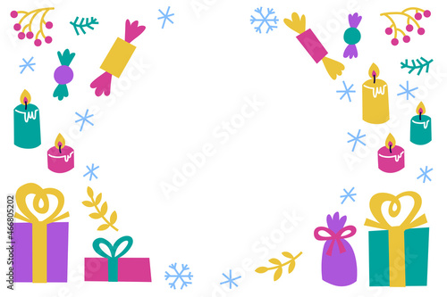 Winter holiday frame with space for text. Christmas, Hannukah, inclusive greeting card. Portrait-oriented with white background.