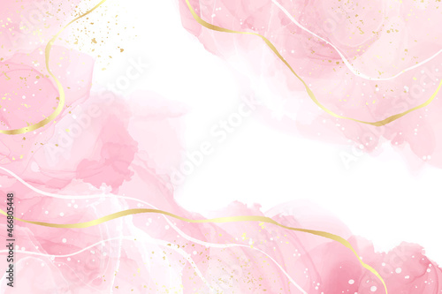 Pastel rose pink liquid watercolor background with golden cracks. Blush marble alcohol ink drawing effect. Vector illustration design template for wedding invitation, menu, rsvp