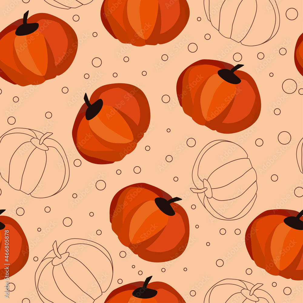 Pumpkin pattern. Cartoon pumpkins and pumpkin outline. Vector illustration