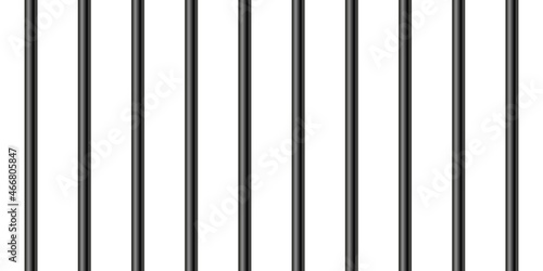 Black realistic metal prison bars isolated on white background. Detailed jail cage, prison iron fence. Criminal background mockup. Creative vector illustration.