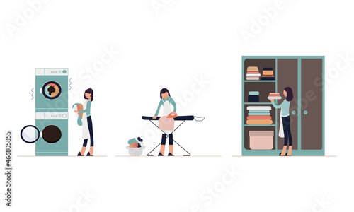Laundry set. Happy woman does laundry, irons clothes, puts clothes away in closet. Vector illustration of cleaning