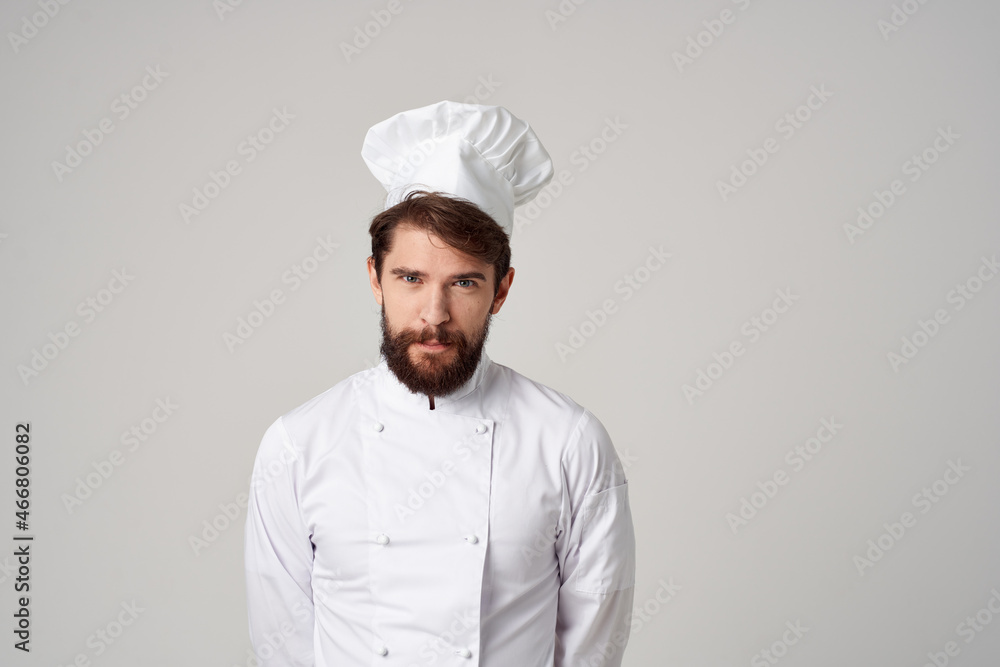 Man work uniform profession kitchen stuff posing studio Man work uniform profession kitchen stuff posing studio