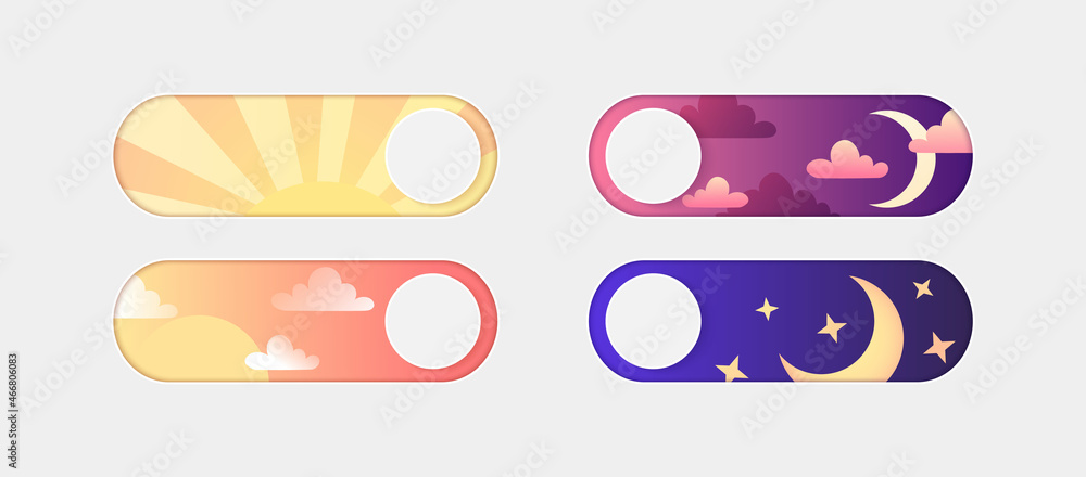 Day and Night Mode Switcher, On and Off toggle buttons for Phone Screens. UX UI design for interface. Vector illustration isolated on light background Day and Night Mode Switcher, On and Off toggle buttons for Phone Screens. UX UI design for interface. Vector illustration isolated on light background