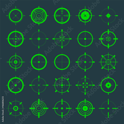 Crosshair, gun sight vector icons. Bullseye, green target or aim symbol. Military rifle scope, shooting mark sign. Targeting, aiming for a shot. Archery, hunting and sports shooting. Game UI element.