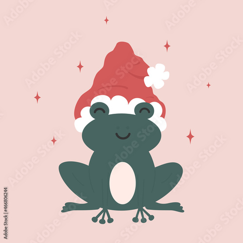 Cute cartoon lovely character frog with santa claus hat funny christmas vector illustration for greeting card