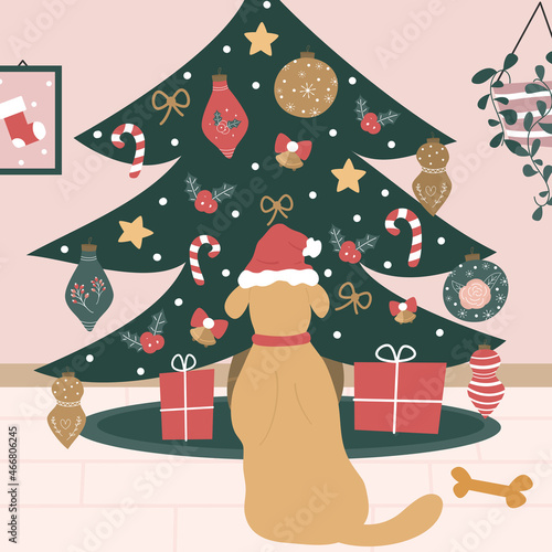 Cute cartoon colorful hand drawn holidays vector illustration with ornate christmas tree, gift boxes and dog with santa claus hat