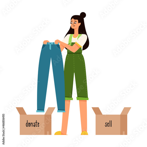 A young girl with dark hair is holding blue jeans in her hands and is thinking of donating it or selling it.The theme of reasonable consumption, cluttering, sorting clothes. Flat vector illustration.