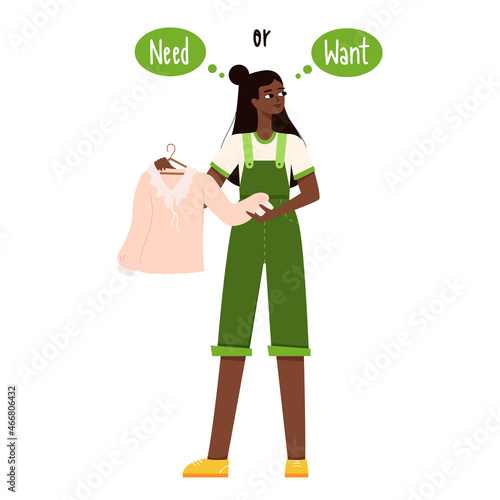 A young girl with dark skin color holds a blouse and thinks she needs it or wants it. The theme of reasonable consumption, hyperconsumption, conscious choice of clothing.Flat color vector illustration