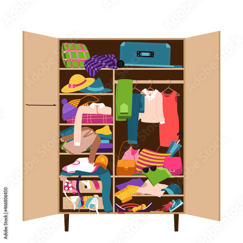 An open closet littered with clothes. A mess, a cluttered wardrobe with jeans, dress, suitcase. Reasonable consumption, cluttering, sorting of clothes. Color vector illustration on a white background.