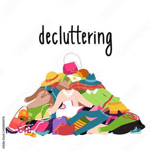 A pile of clothes and shoes lying on the floor. Blouse, hat, jeans, bag. Mess, heap of things, decluttering, overconsumption. Color vector illustration of isolated on a white background.