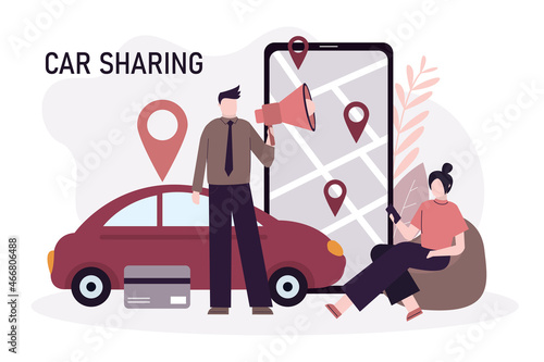Cartoon man with megaphone offers car sharing in app. Car rental application on mobile phone screen. Cute girl renting auto. Rental concept