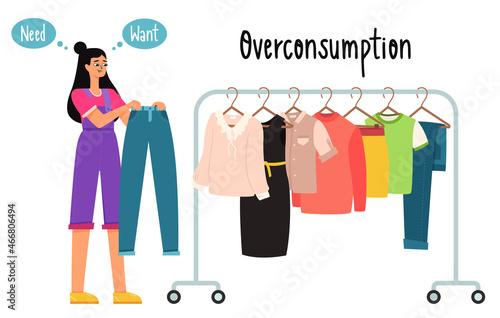 A girl in a jumpsuit chooses clothes and thinks she wants jeans or needs them. The topic of hyperconsumption, reasonable use. Color vector illustration of isolated on a white background.