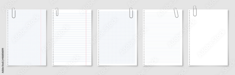 Realistic blank paper sheets in A4 format with metal clip, holder on gray background. Notebook page, document. Design template or mockup. Vector illustration. Realistic blank paper sheets in A4 format with metal clip, holder on gray background. Notebook page, document. Design template or mockup. Vector illustration.