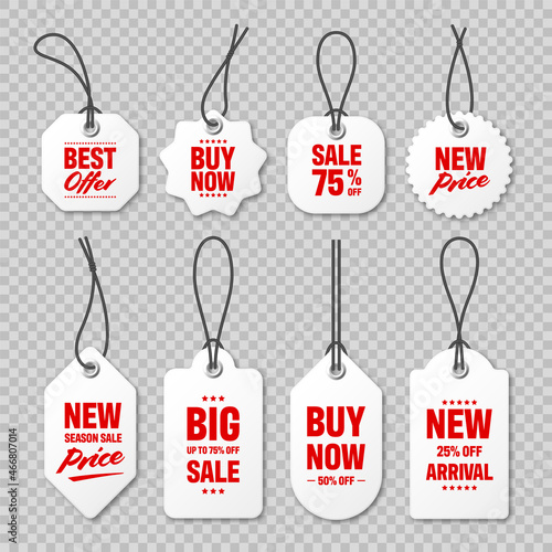 Realistic price tags collection. Special offer or shopping discount label. Retail paper sticker. Promotional sale badge with text. Vector illustration.