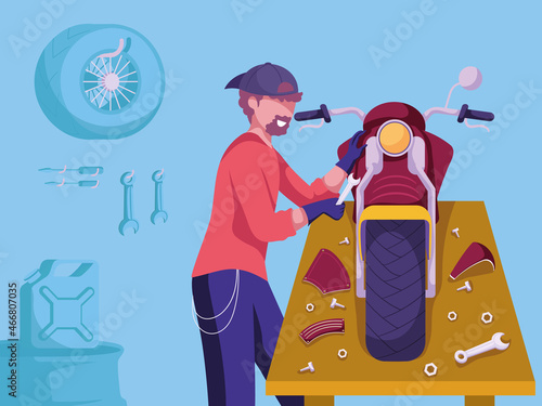 Man repairs retro motorcycle at the garage. Mechanic checks and fixes motor bike with instruments during maintenance. Hobby. Colorful cartoon vector illustration.