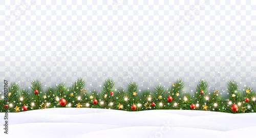 Border with green fir branches, balls, gold stars, lights, snowflakes isolated on transparent background. Pine, xmas plants, snowdrifts seamless banner. Vector Christmas tree garland and snow drifts