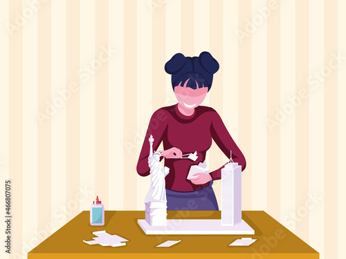 Happy young woman constructs city miniature. Girl makes school project of handmade small scale building and liberty statue. Architectural designer work. Flat style cartoon vector illustration.