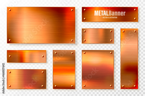 Realistic copper banners collection. Brushed stainless steel plate with rivets. Polished metal surface. Scratched industrial texture, metal background. Vector illustration.