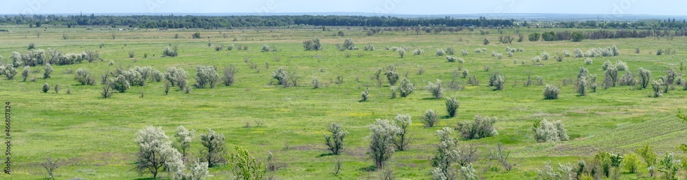 Panoramic landscape of rural plain in spring sunlight, Dnepr, Ukraine. Panoramic landscape of rural plain in spring sunlight, Dnepr, Ukraine.