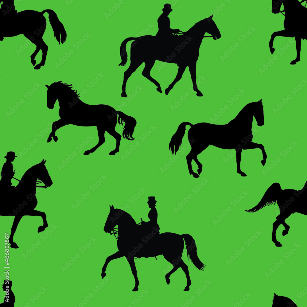 seamless background, pattern for decoration, equestrian sports, black silhouettes of racing sports horses and riders isolated on a white background