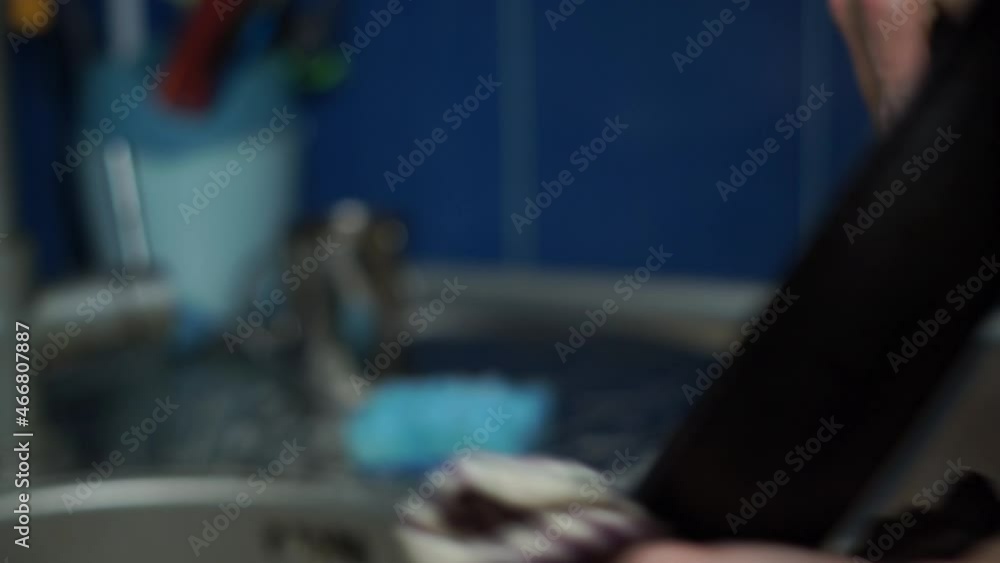 Close up male hand washing dishes in a kitchen with blue tiles on the walls and white siamese kitten sitting behind. Cleaning home Close up male hand washing dishes in a kitchen with blue tiles on the walls and white siamese kitten sitting behind. Cleaning home