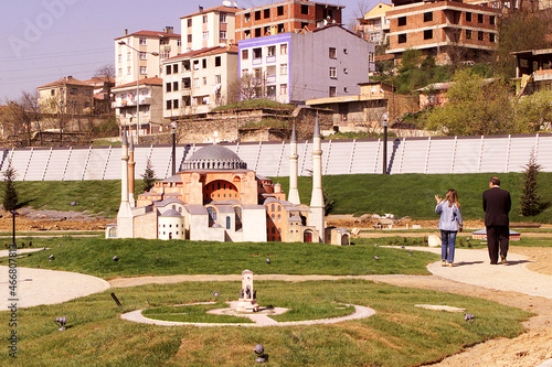 Taksim Republic Monument and Ayasaofya at the Miniaturk miniature park on Golden Horn in Istanbul, Turkey. Miniaturk is one of the worlds largest miniature parks. photo